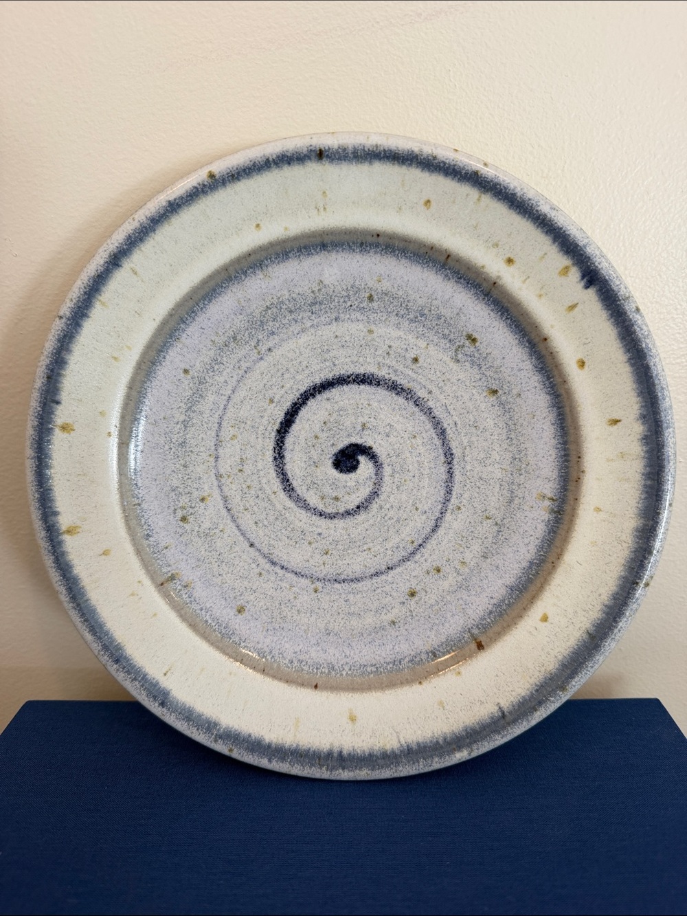 Handmade Pottery Spiral Plate - Blue and Cream. Artist Stamped.
